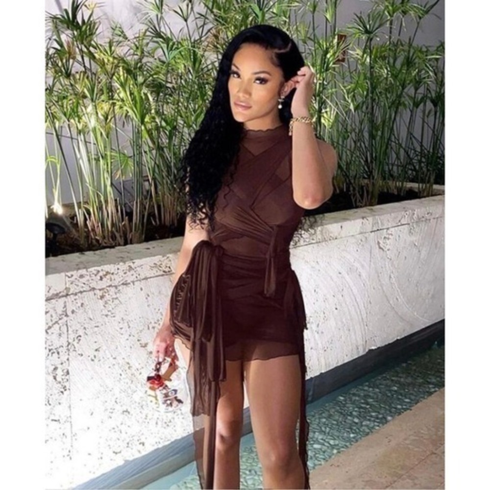 Micas Sheer Mesh Wrap Tie Ribbon‎ Mini Dress BROWN Size XL